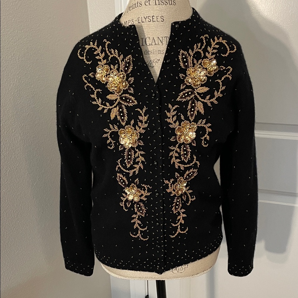 Vintage Cashmere Cardigan with Floral Beading